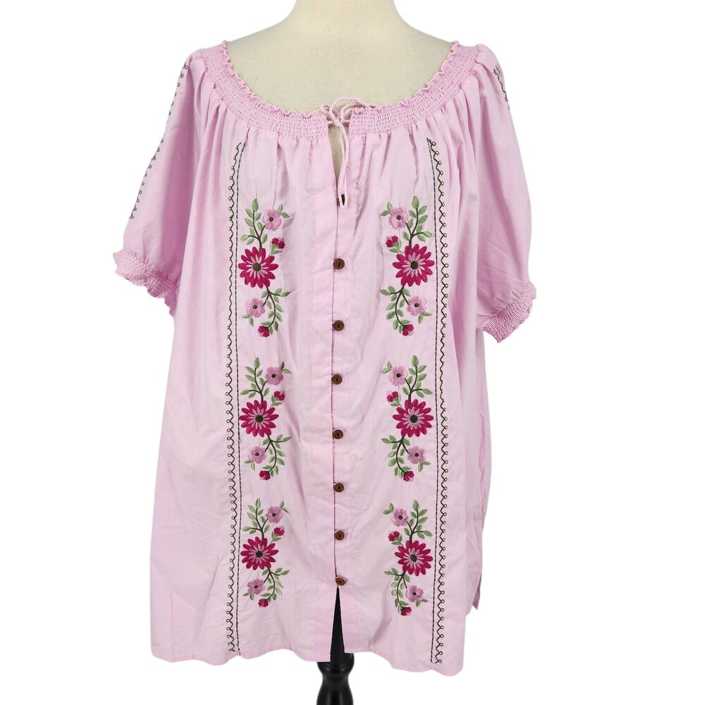 SALE Pink Cotton Blend Floral Embroidered Short Sleeve Top with Smocked Neckline